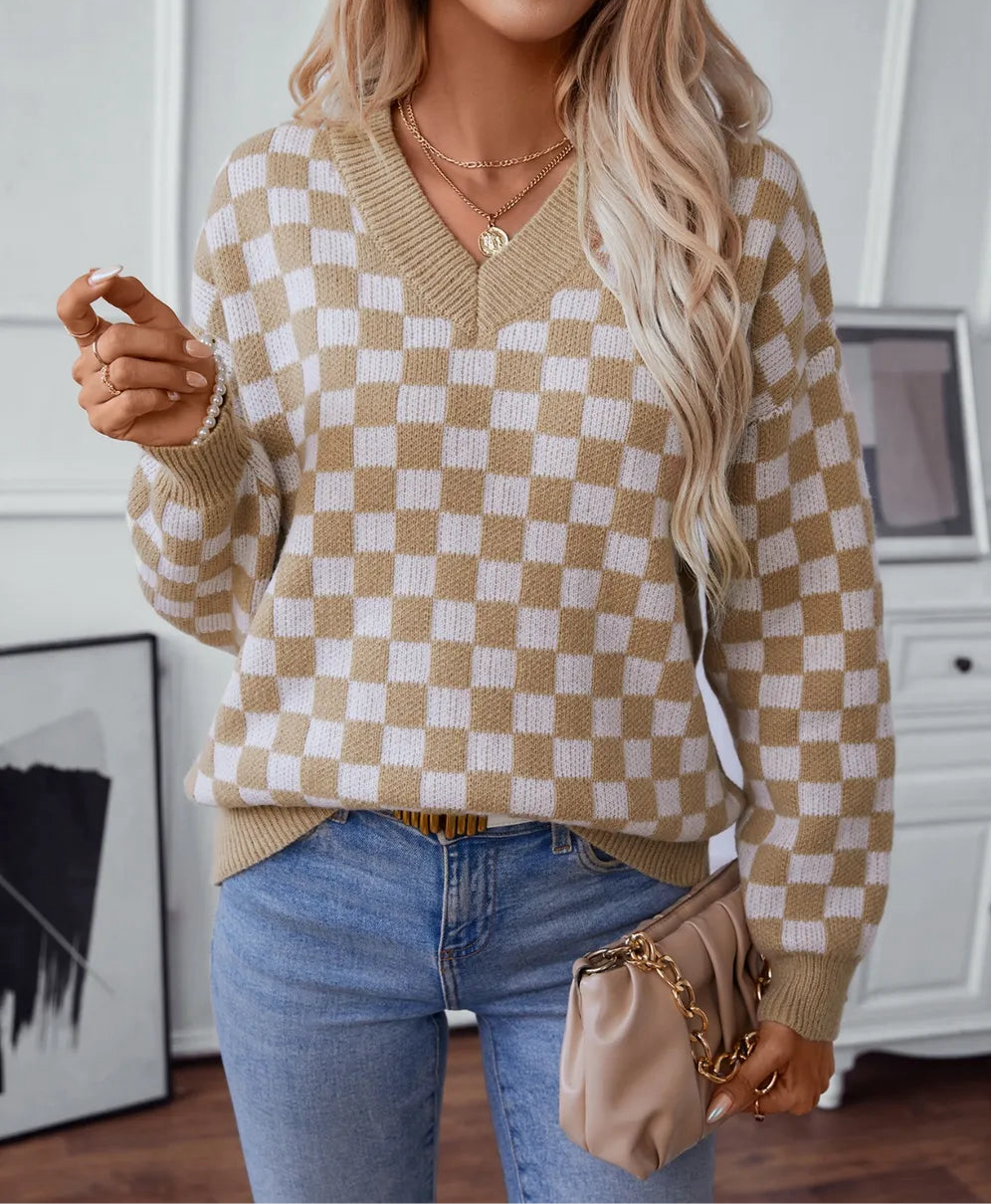 Checkered V-Neck Dropped Shoulder Sweater