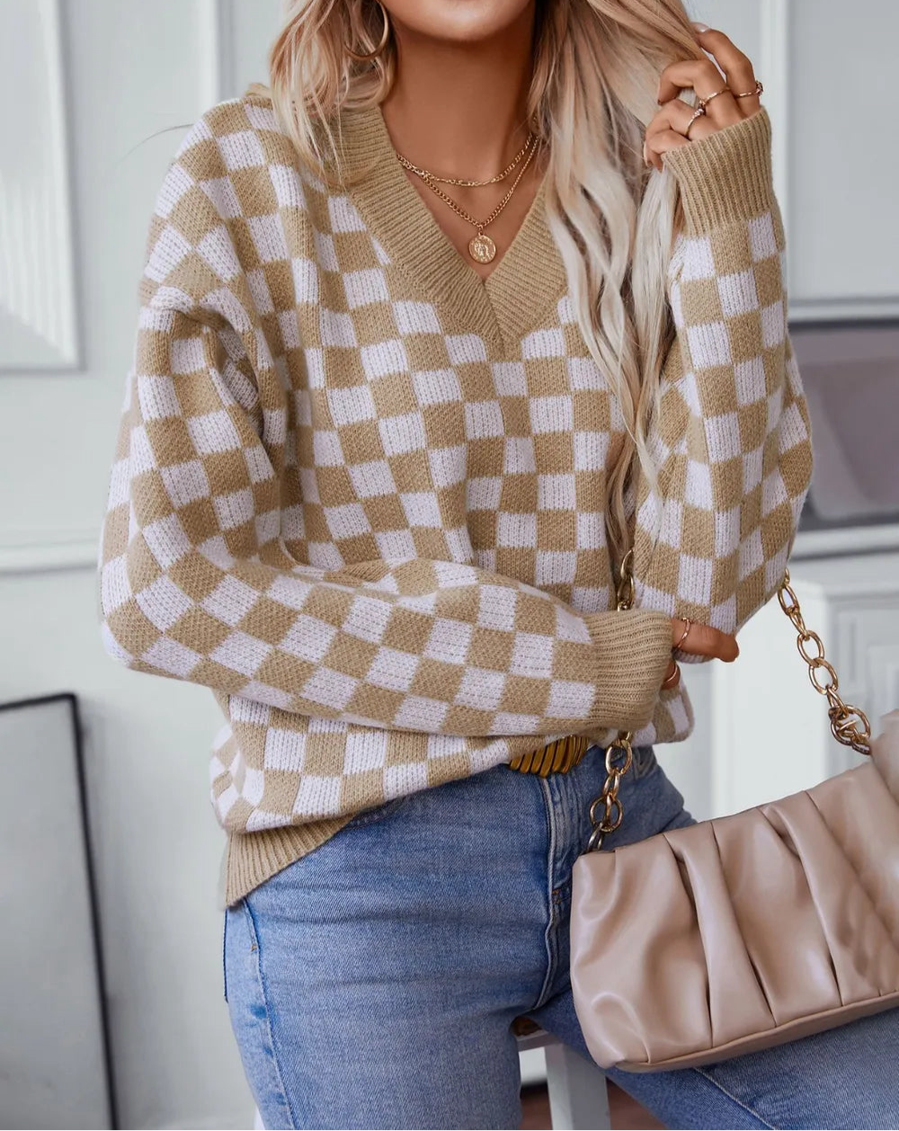 Checkered V-Neck Dropped Shoulder Sweater