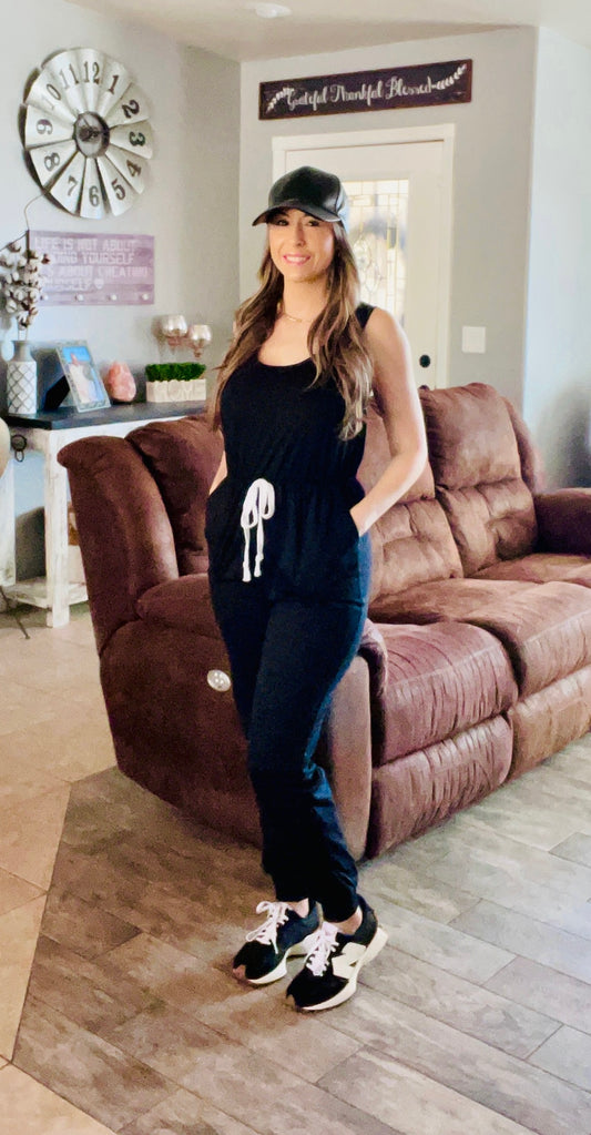 Perfee Two-Tone Drawstring Waist Sleeveless Jogger Jumpsuit