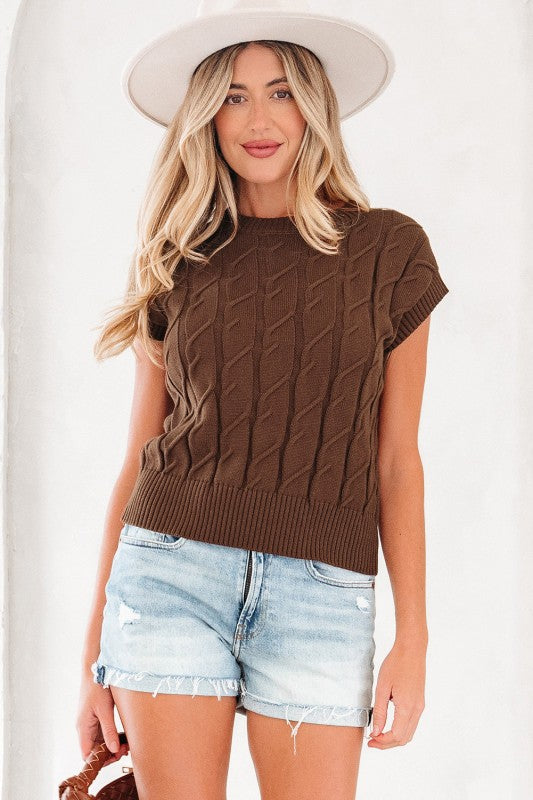 Cable Texture Crew Neck Short Sleeve Sweater Top