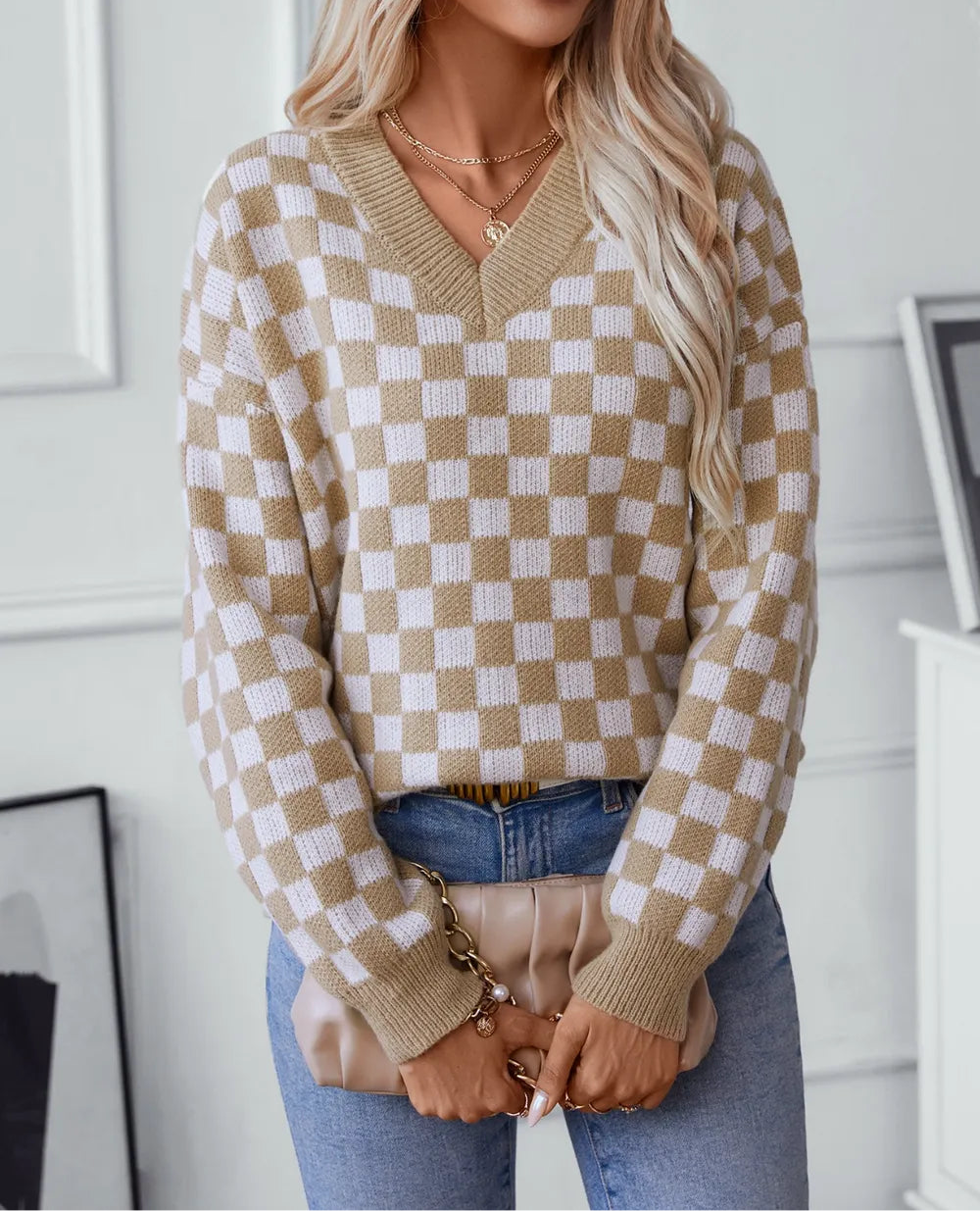 Checkered V-Neck Dropped Shoulder Sweater