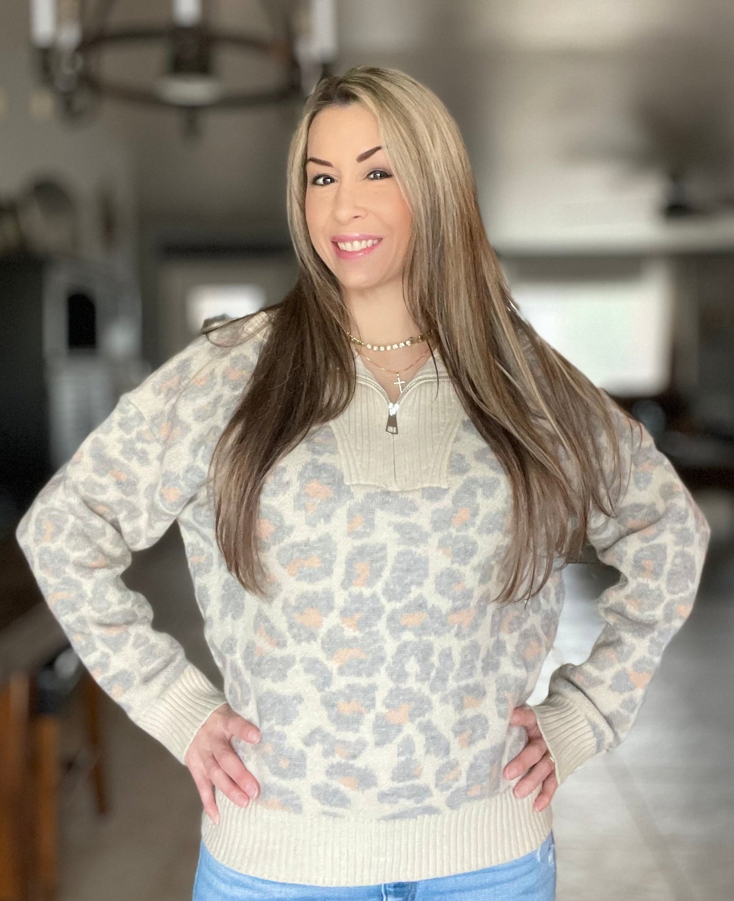 Umgee Leopard Print Quarter-Zip Knit Sweater