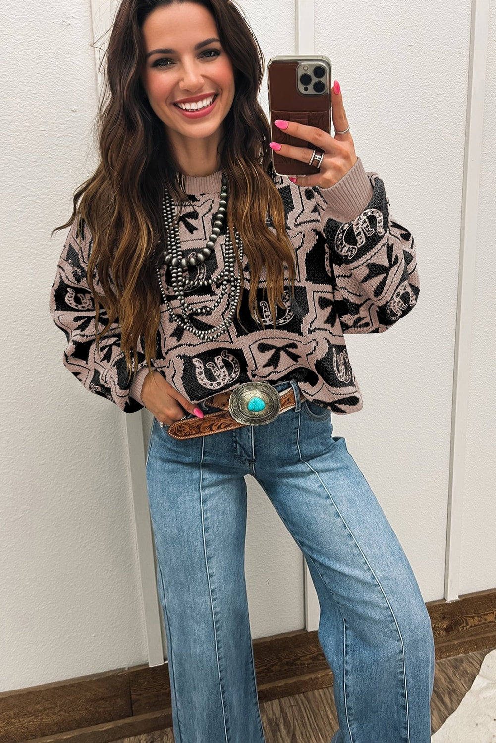 Brown Bows & Horseshoes Pattern Western Fashion Print Sweater