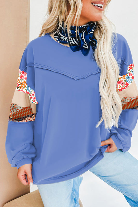 Blue Exposed Seam Floral Mixed Patchwork Relaxed Plus Size Sweatshirt