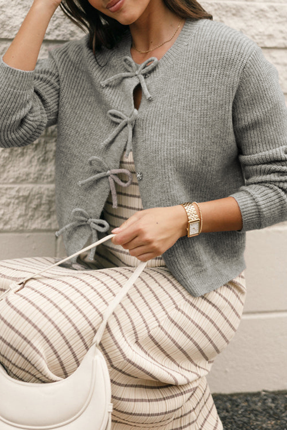 Gray Ribbed Knit Bow Cardigan
