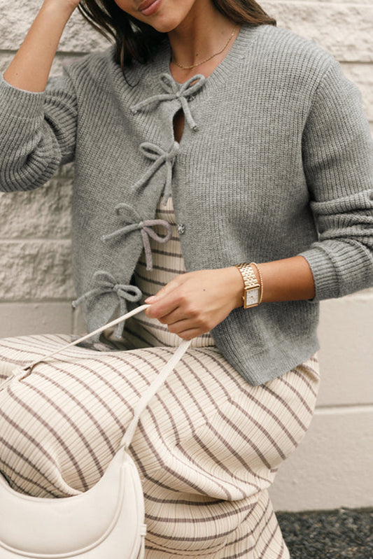 Gray Ribbed Knit Bow Cardigan