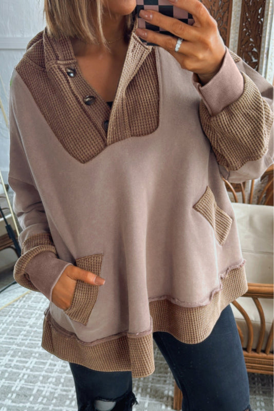 Goat Waffle Contrast Patchwork Plus Size Pocketed Hoodie
