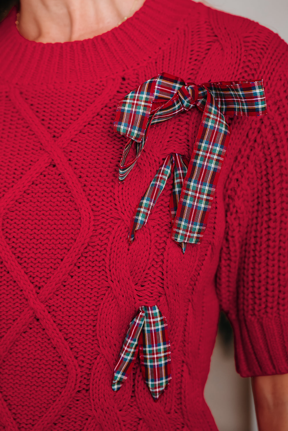 Fiery Red Plaid Lace up Christmas Sweater
