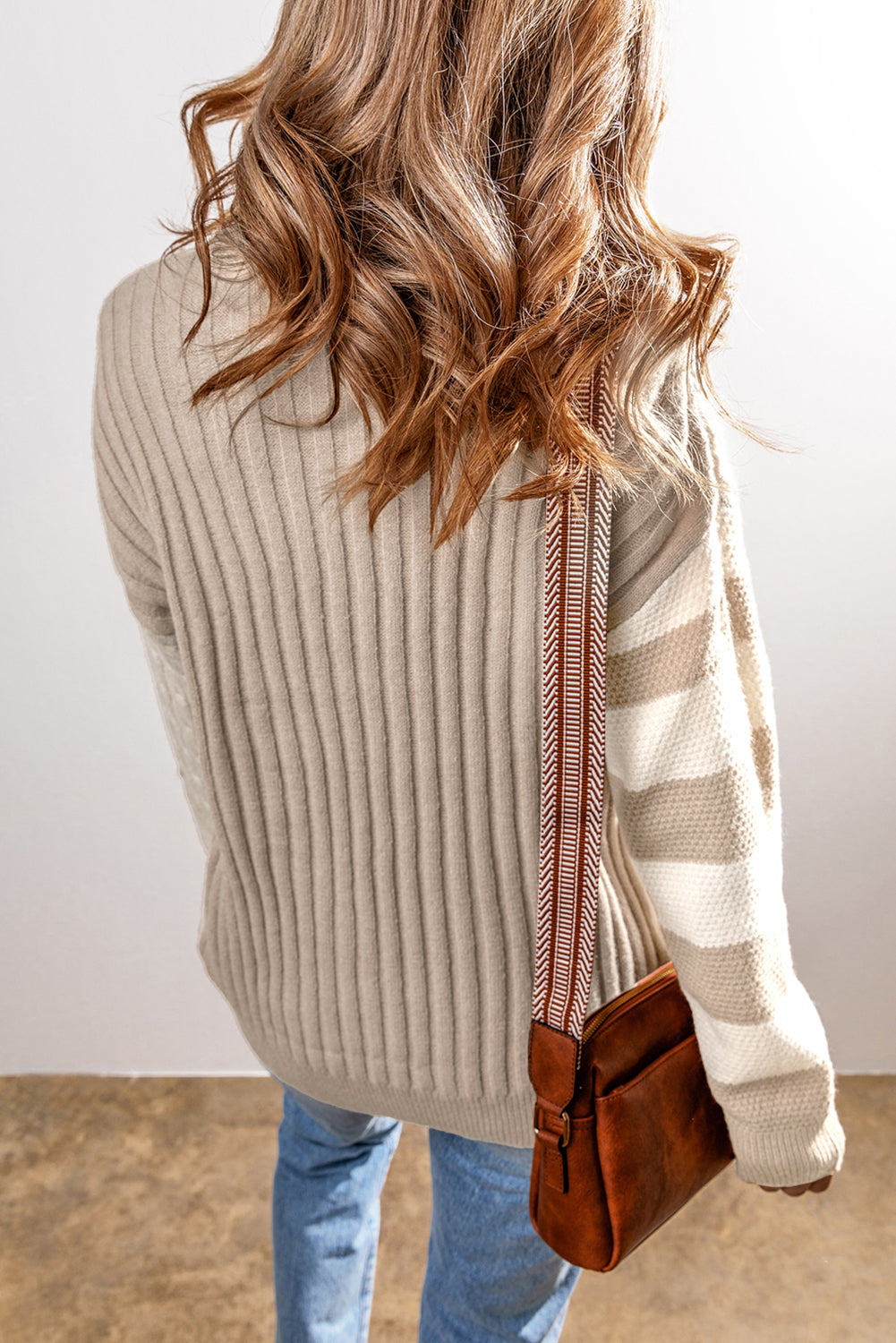 Khaki Cable Knit Colorblock Sweater