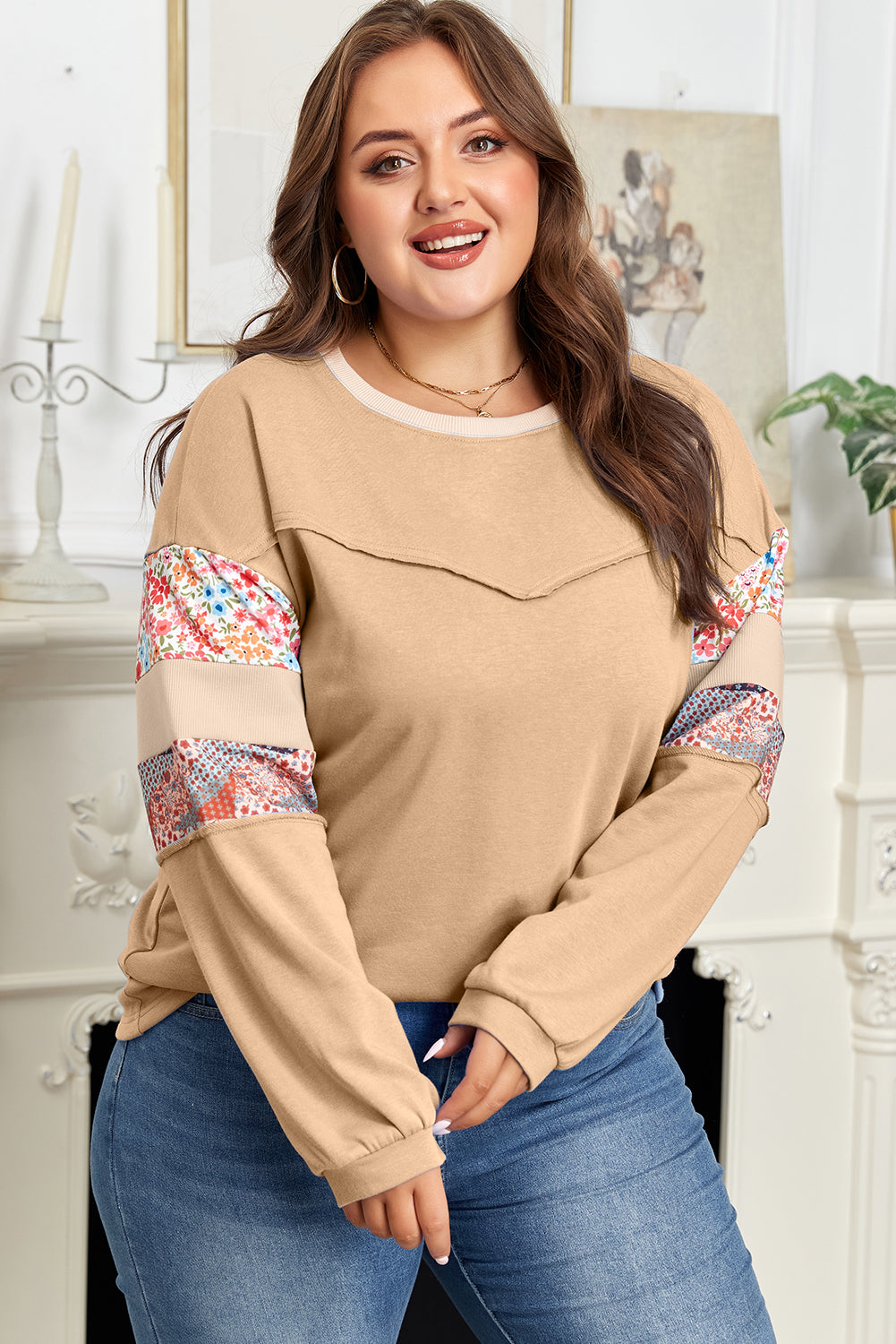 Blue Exposed Seam Floral Mixed Patchwork Relaxed Plus Size Sweatshirt
