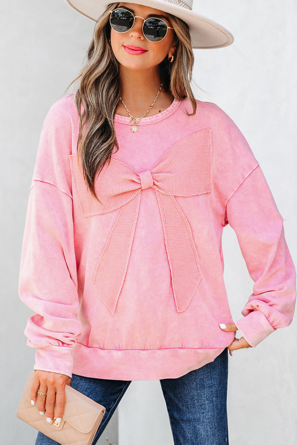 Light French Beige Mineral Wash Big Bow Sweatshirt