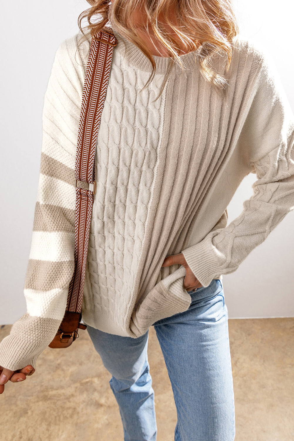 Khaki Cable Knit Colorblock Sweater