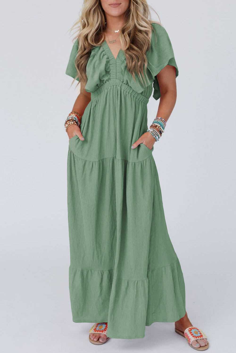 Parchment Textured V Neck Flutter Sleeve Ruffled Maxi Dress