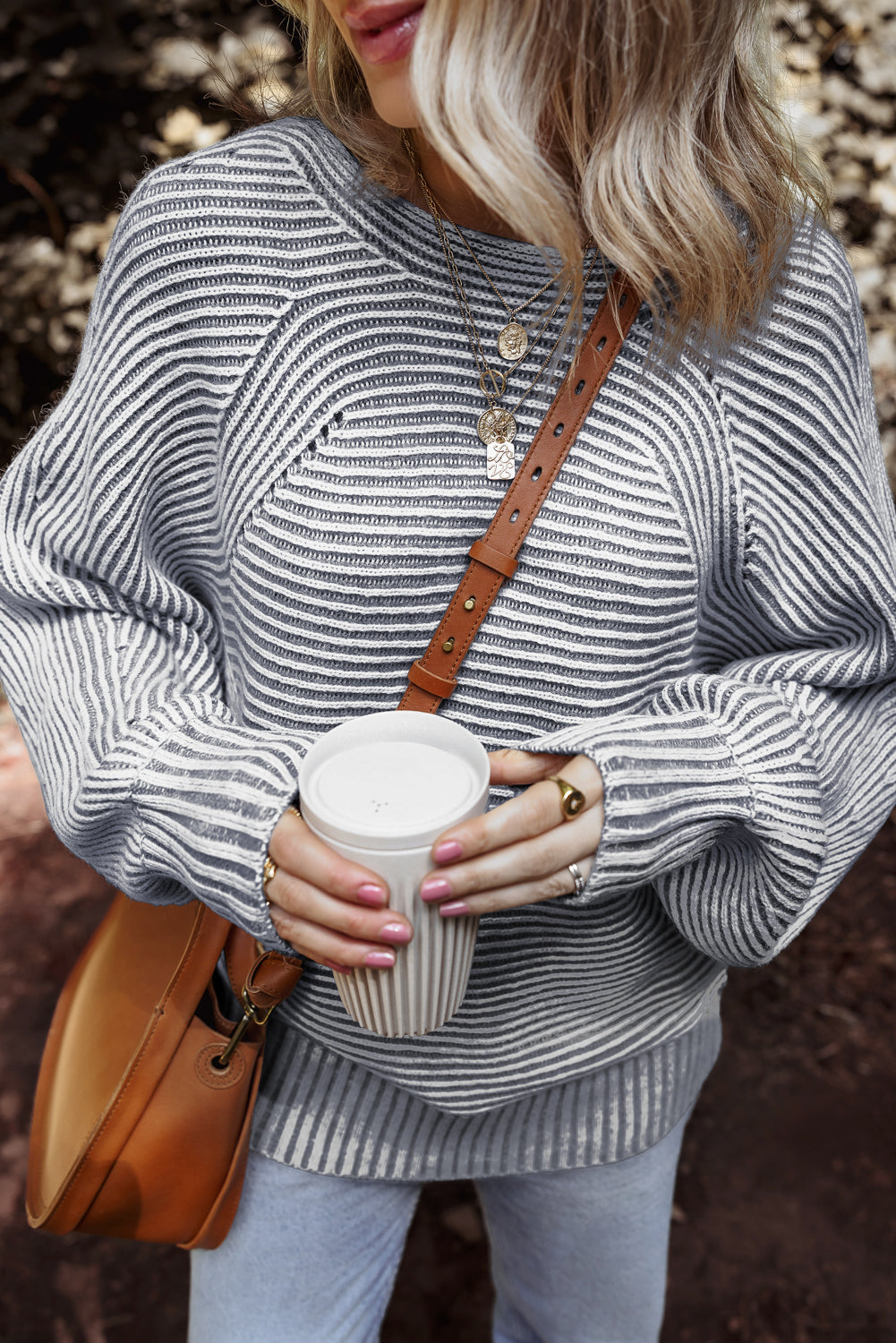 Coffee Striped Print Ribbed Knit Boat Neck Baggy Sweater
