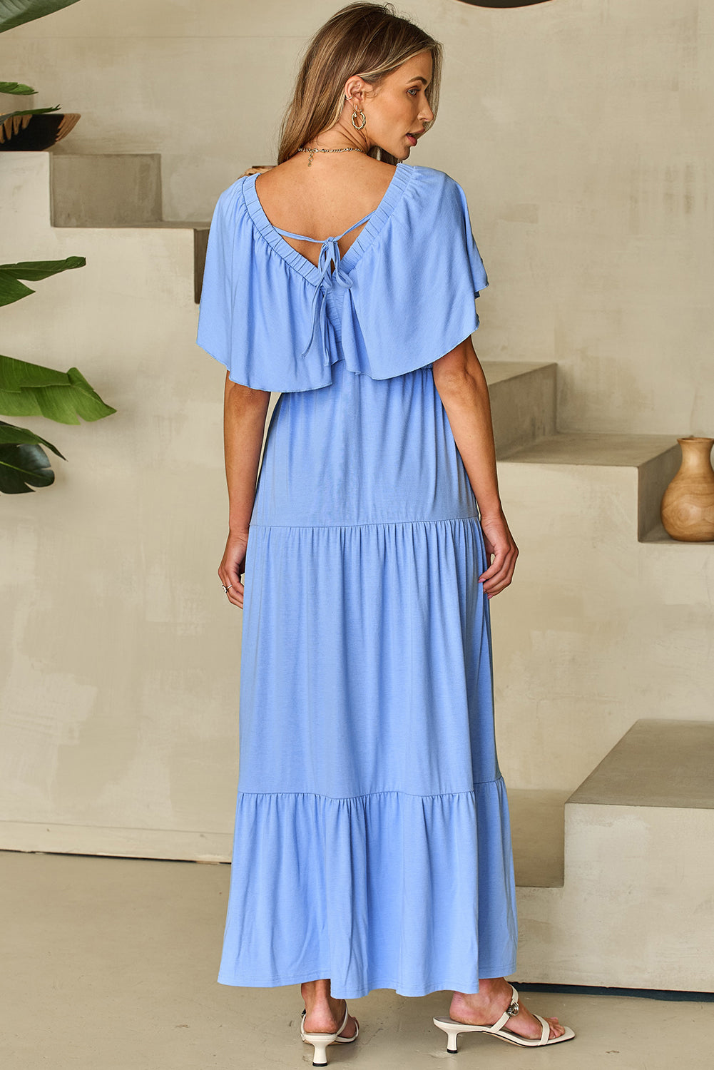 Parchment Textured V Neck Flutter Sleeve Ruffled Maxi Dress