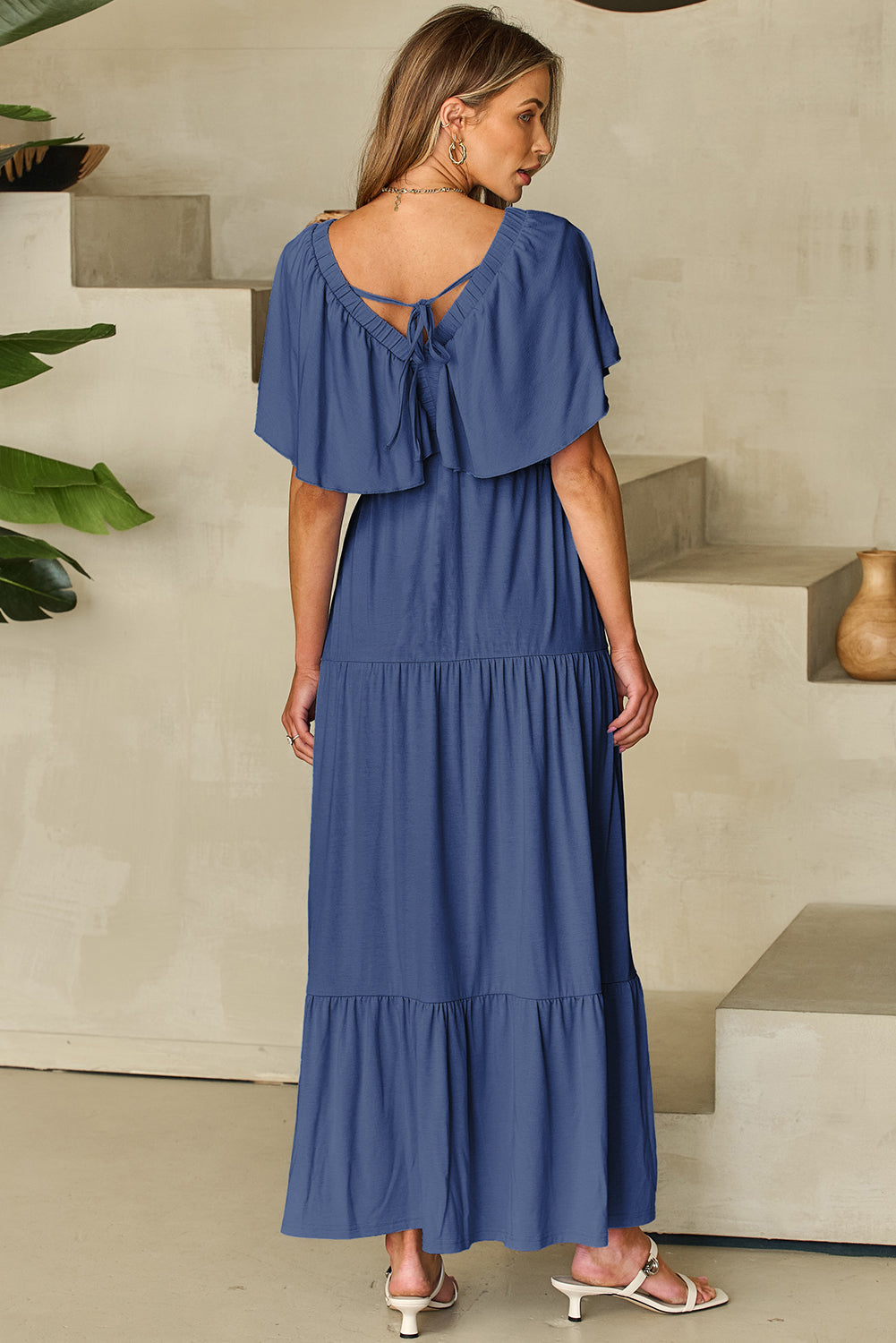 Parchment Textured V Neck Flutter Sleeve Ruffled Maxi Dress