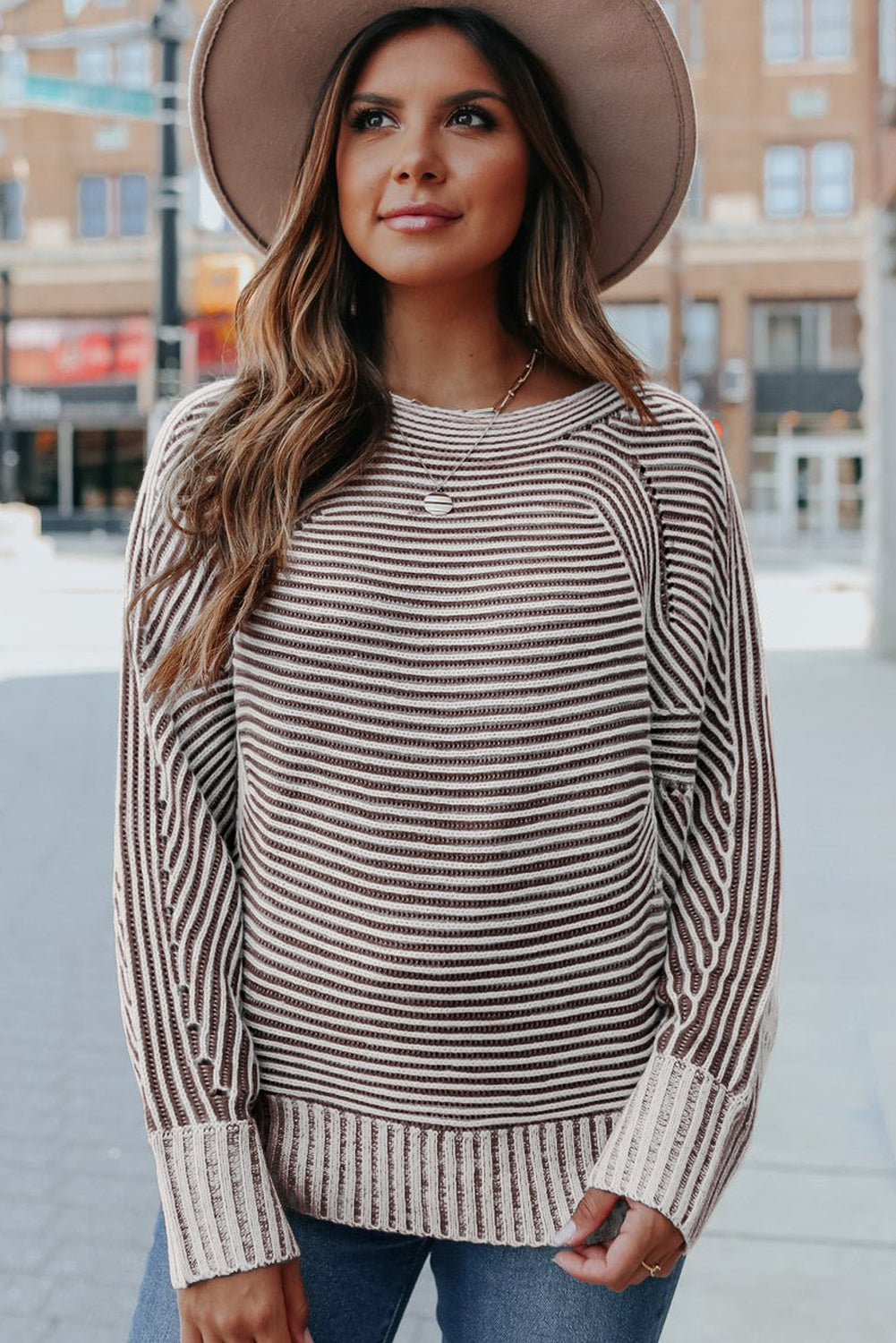 Coffee Striped Ribbed Knit Sweater