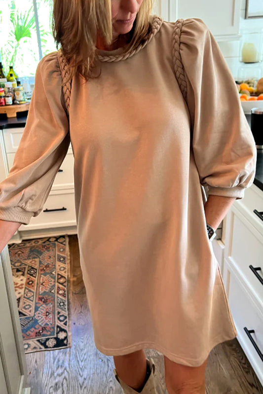 Light French Beige Braided Trim Puff Sleeve Dress