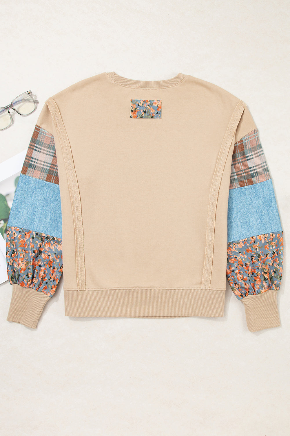 Smoke Gray Plaid Colorblock Patchwork Sleeve Raw Seam Sweatshirt
