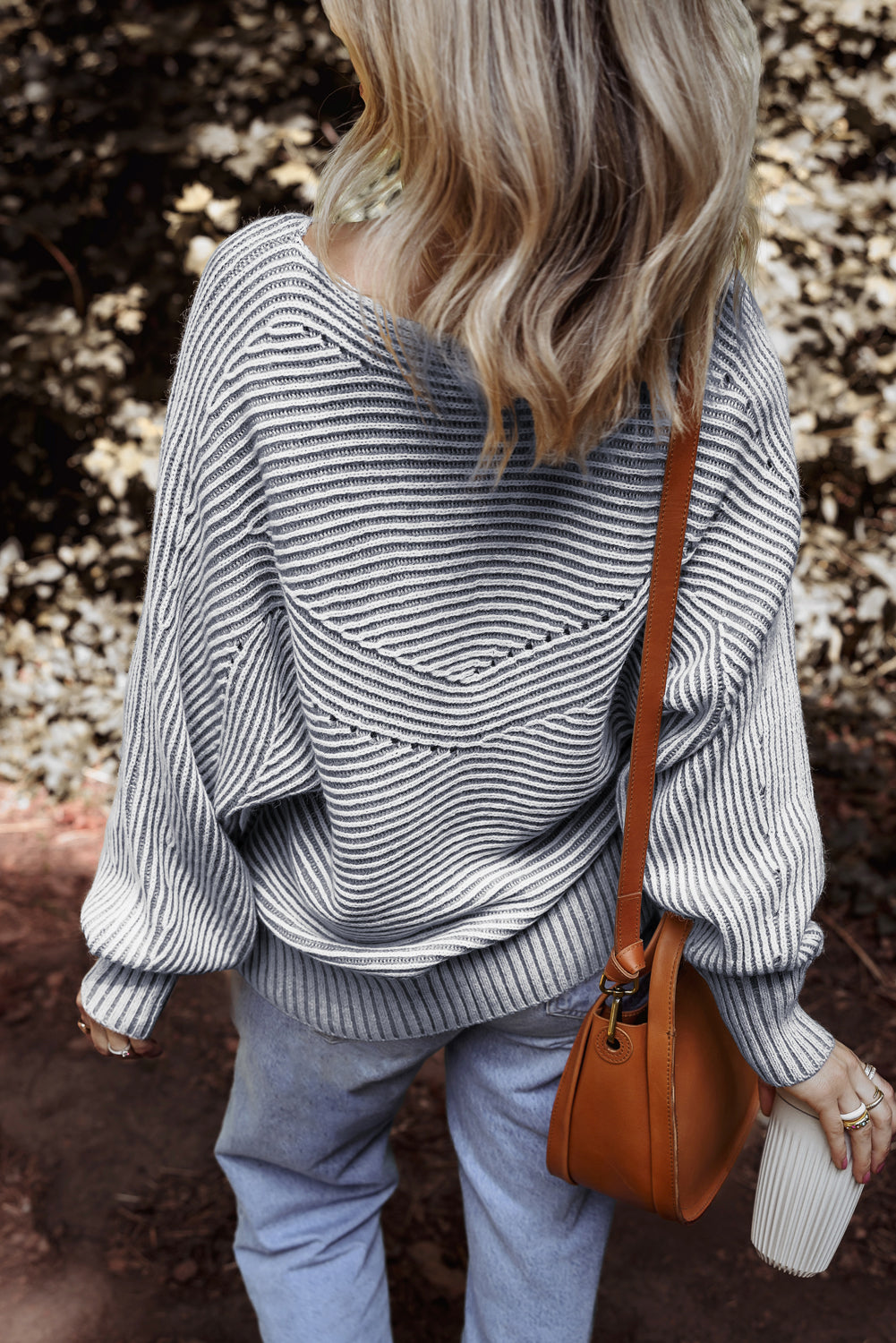 Coffee Striped Print Ribbed Knit Boat Neck Baggy Sweater