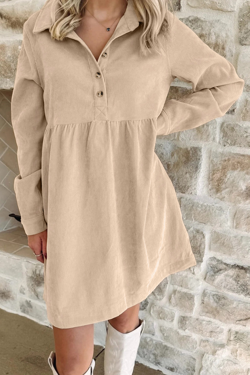 Oatmeal Corduroy Button Detail Dress