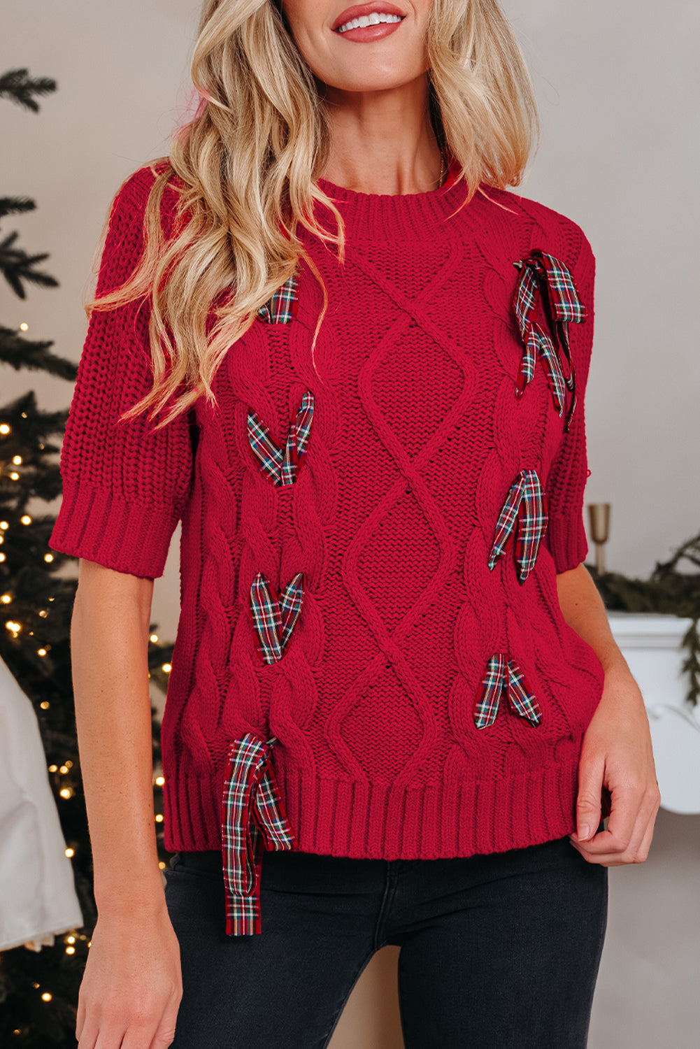 Fiery Red Plaid Lace up Christmas Sweater