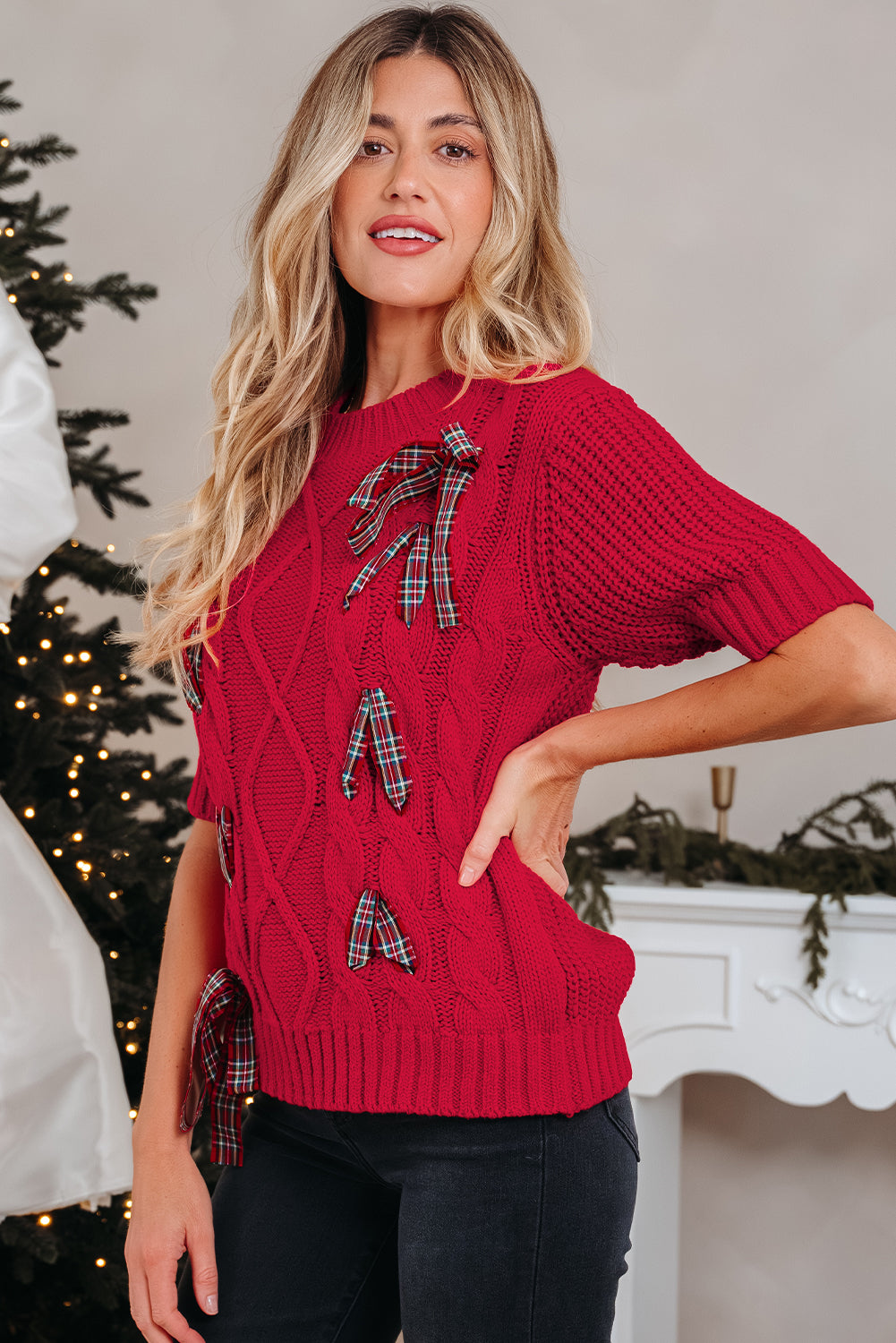Fiery Red Plaid Lace up Christmas Sweater